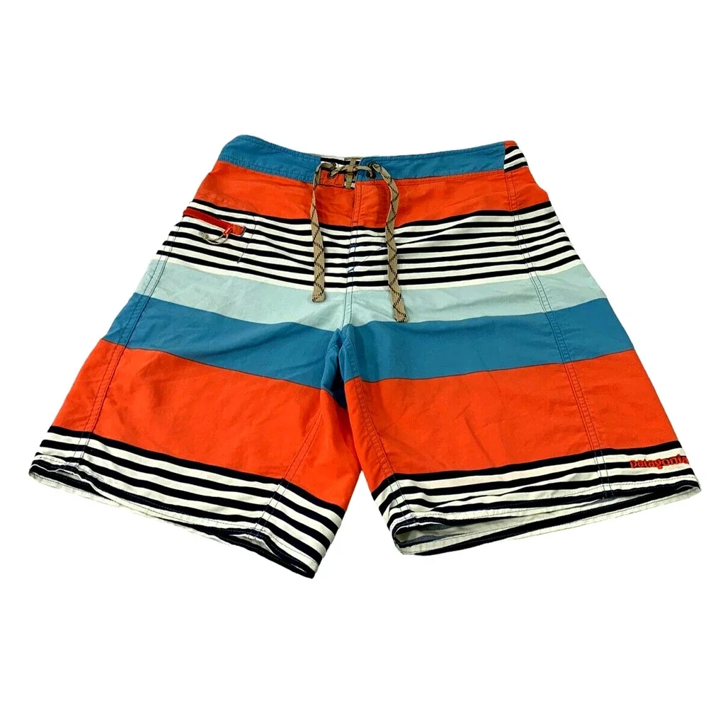 Patagonia Mens Swim Shorts Sz 30 Striped Trunks Coral Blue White Black Beachwear